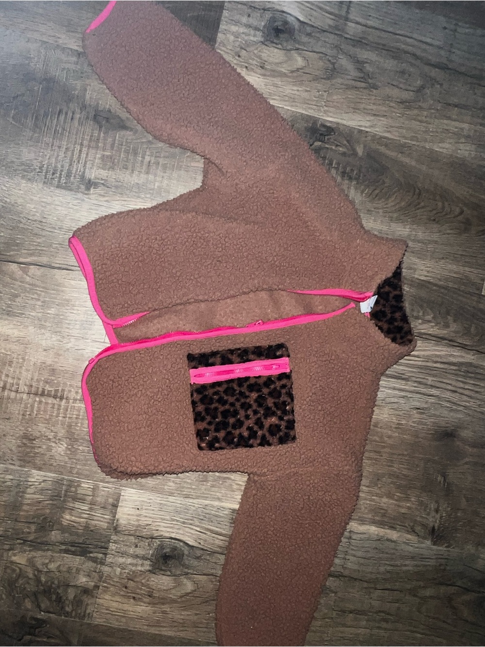 Kids Old Navy Cozy Brown Sherpa Jacket with Pink Trim & Leopard Pocket